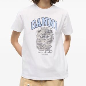 Ganni Relaxed Jersey Kitty Graphic Tee White Small NWOT